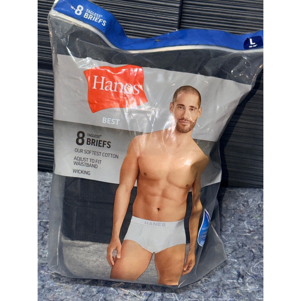 Hanes Best Mens Large Tagless Briefs 8 Pack Black Grey Cotton Wicking 36-38 LG